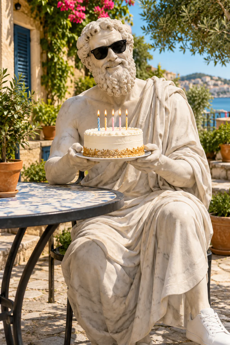 Pythagoras at a garden table holding a small birthday cake with candles