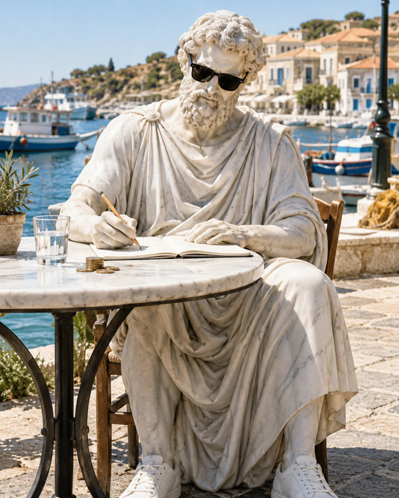 Pythagoras writing in a notebook at a table by a sunny harbour