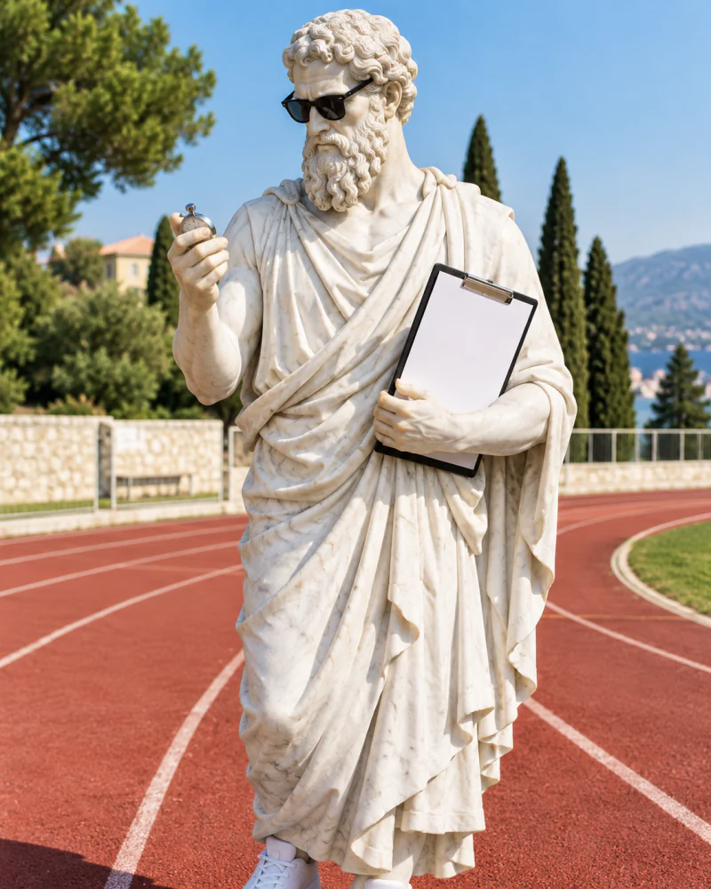 Pythagoras on a running track holding a stopwatch and a clipboard