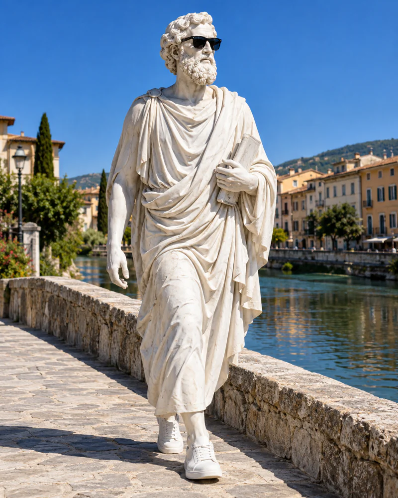 Pythagoras walking across a small flat stone footbridge over a river
