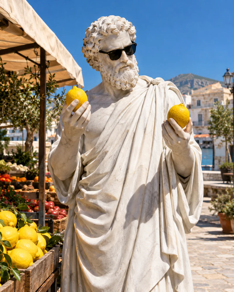 Pythagoras at a market comparing two lemons, one in each hand