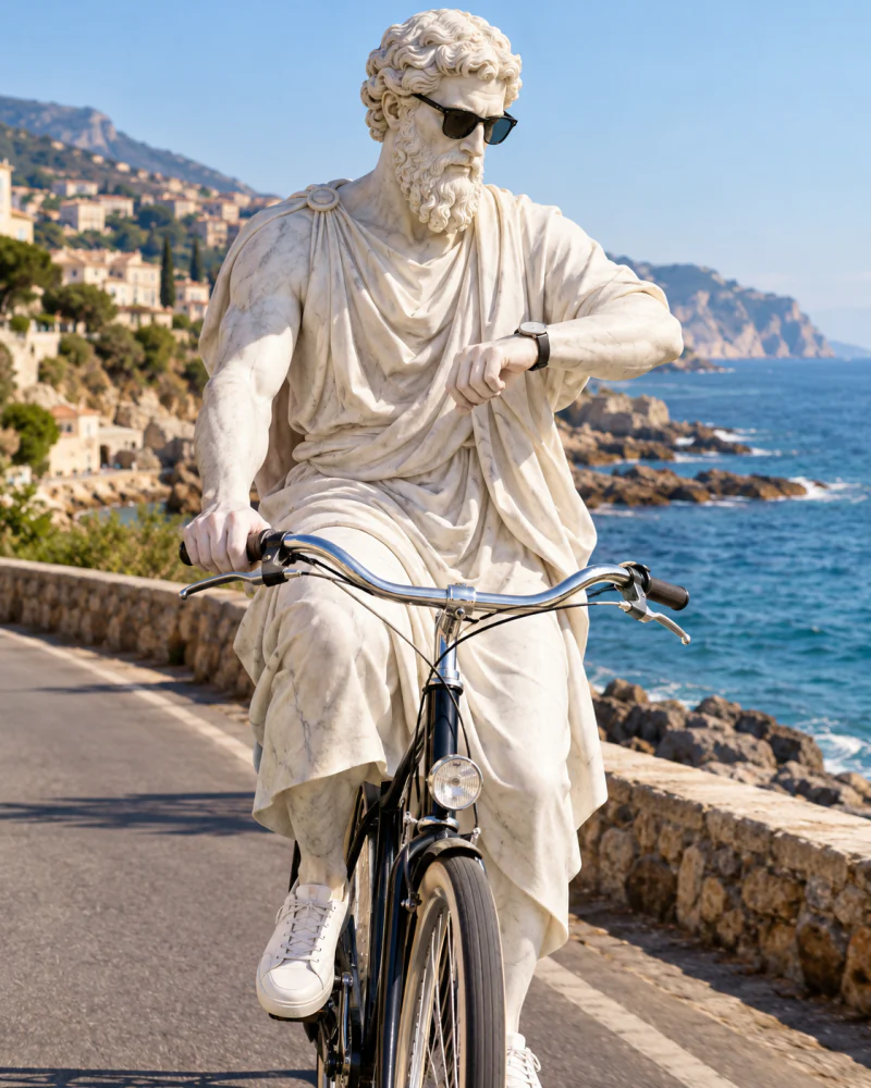 Pythagoras riding a bicycle along a seaside road and checking his watch