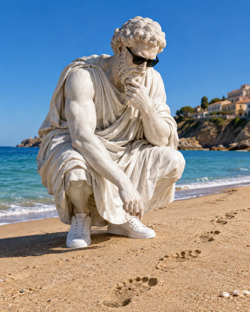 Pythagoras studying a line of footprints in the sand on a beach