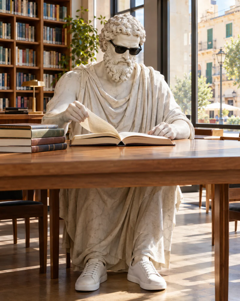 Pythagoras reading at a long table in a bright library