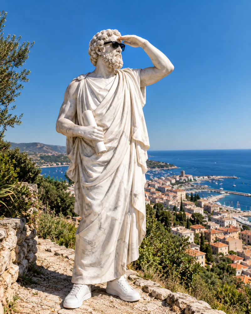Pythagoras on a hilltop path looking out over a whole coastal town