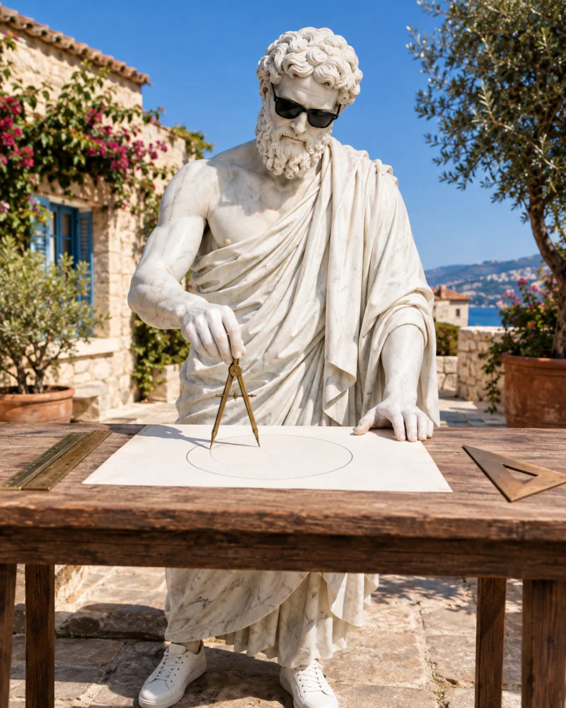 Pythagoras drawing a circle with a brass compass at an outdoor table