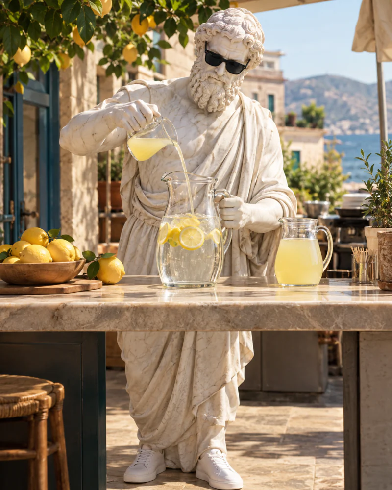 Pythagoras at a café counter pouring lemon juice into a pitcher of water