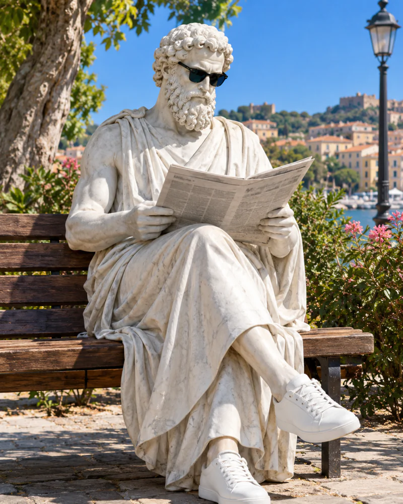 Pythagoras reading a newspaper on a park bench
