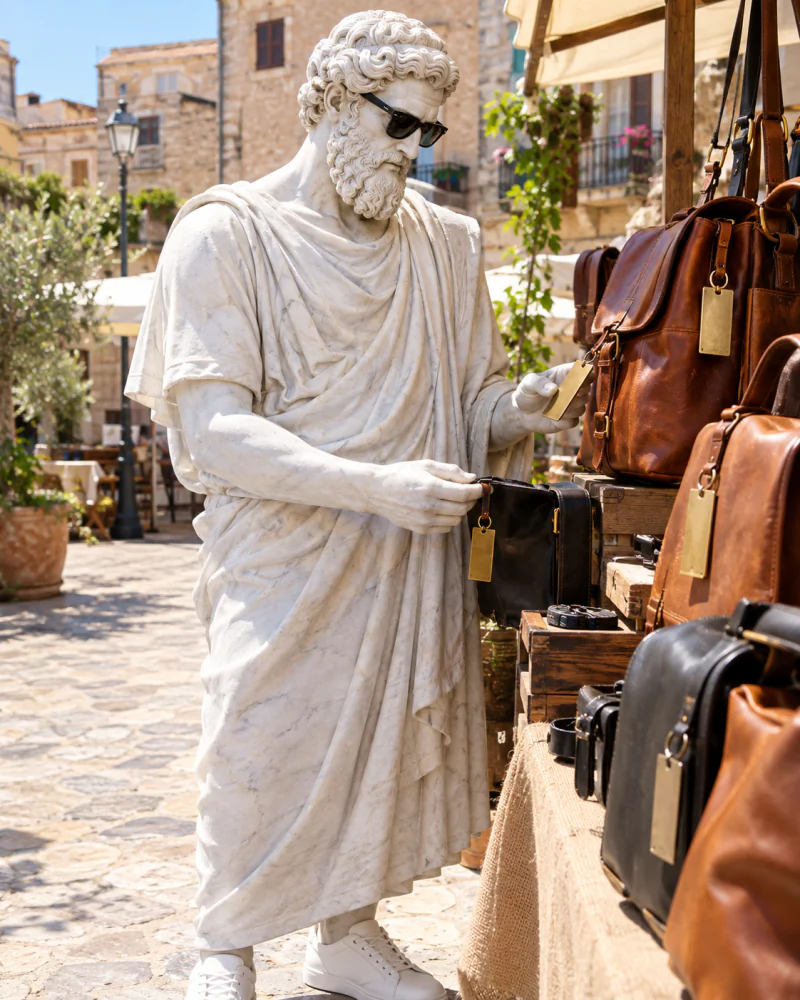 Pythagoras at a market stall checking the price tag on a leather bag