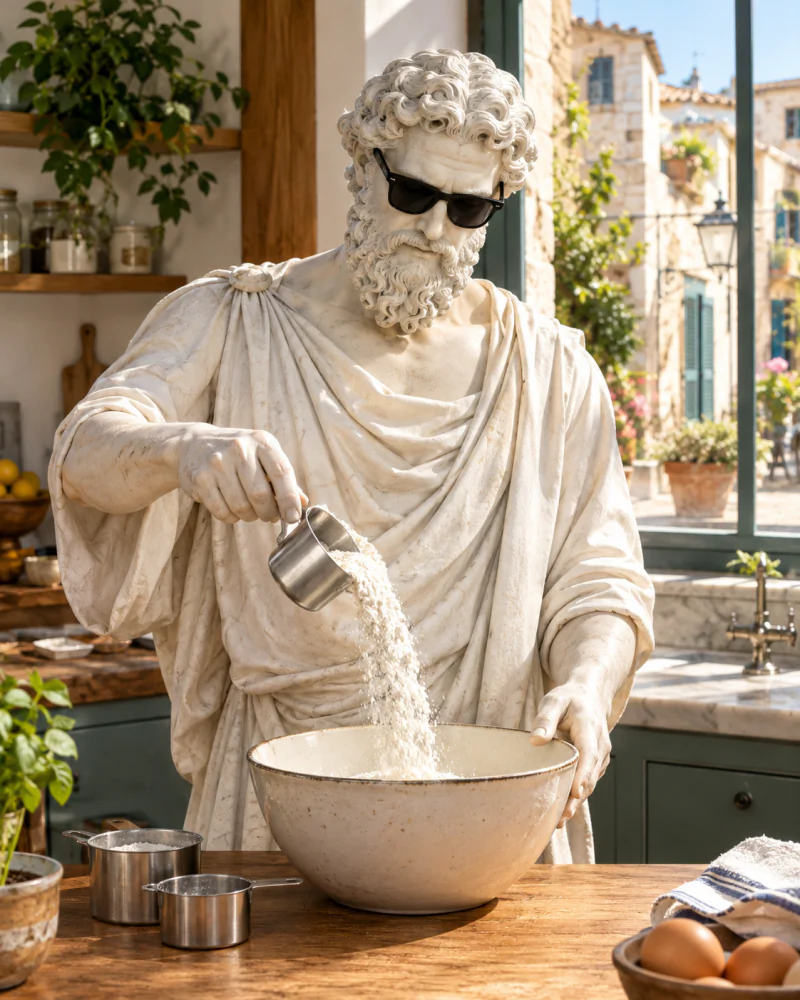 Pythagoras in a kitchen pouring flour from a measuring cup into a bowl