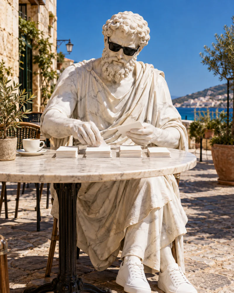 Pythagoras sorting blank index cards into stacks at a café table