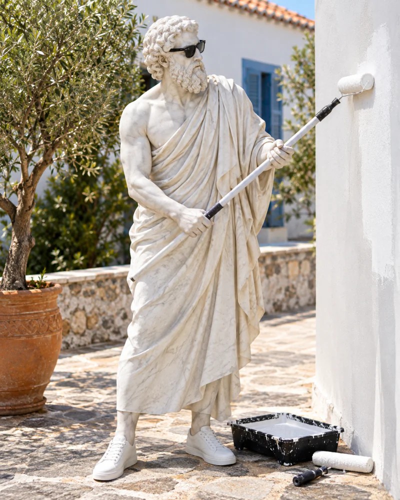 Pythagoras painting a white wall with a long paint roller