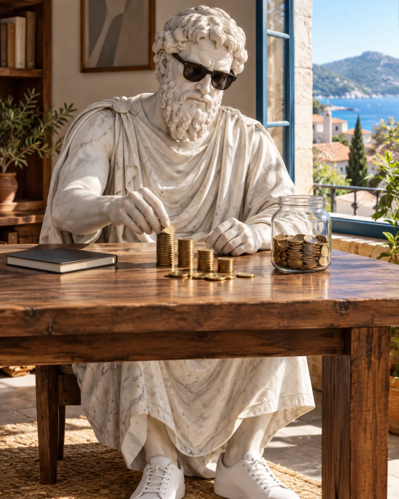 Pythagoras stacking coins at a wooden desk by a window