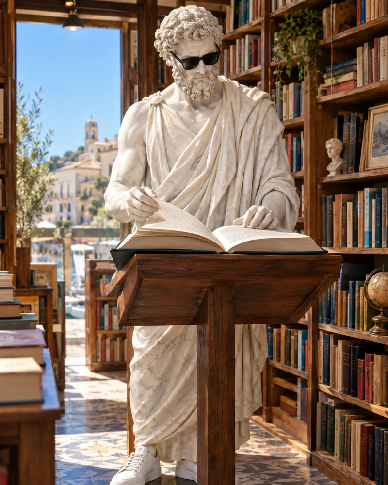 Pythagoras turning the pages of a large dictionary in a bookshop