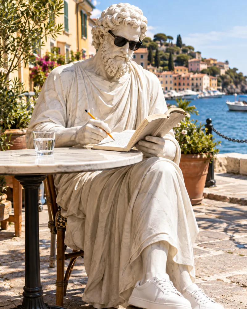 Pythagoras at a café table underlining a line in a book