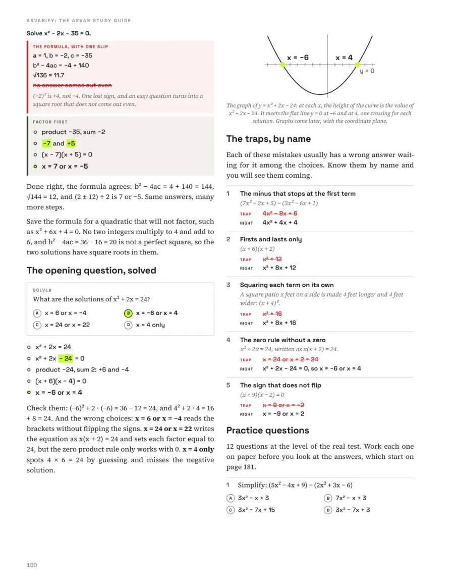 Page 180 of ASVABIFY: The ASVAB Study Guide — Chapter 23 · Quadratics