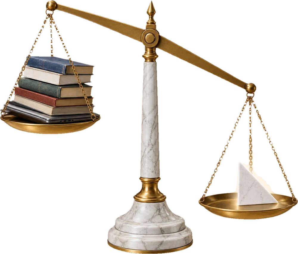A marble and brass balance scale: a heavy pile of textbooks and a laptop on one side, a single marble triangle on the other — and the triangle side weighs more