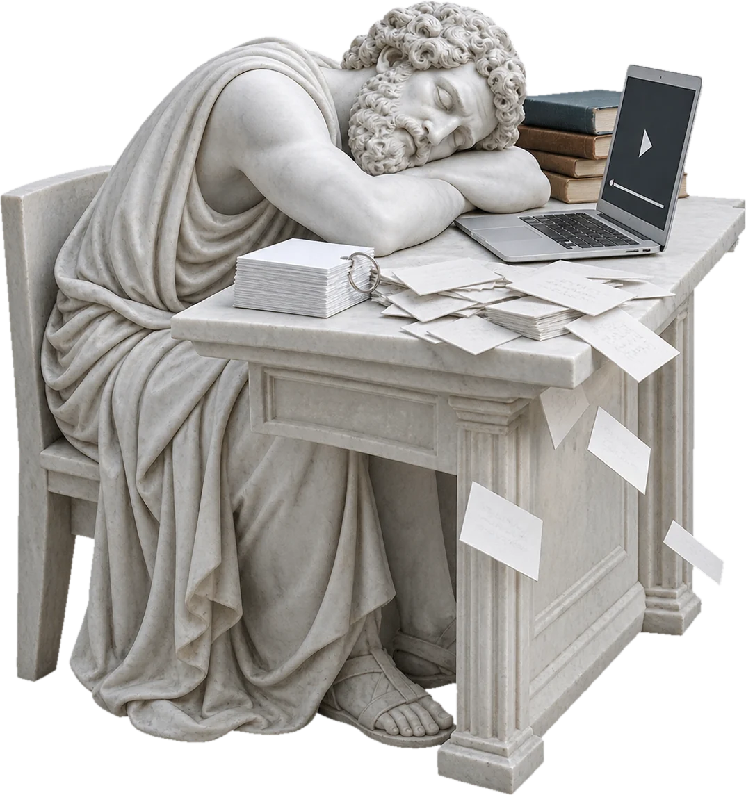 The marble statue of Pythagoras asleep at a desk, a long video lesson playing on the laptop in front of him, piles of memorization flashcards and textbooks