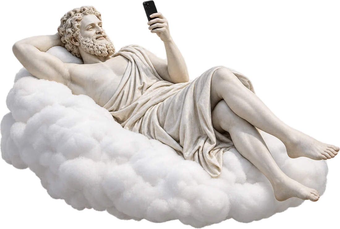 The marble statue of Pythagoras lying back on a cloud, smiling at his phone