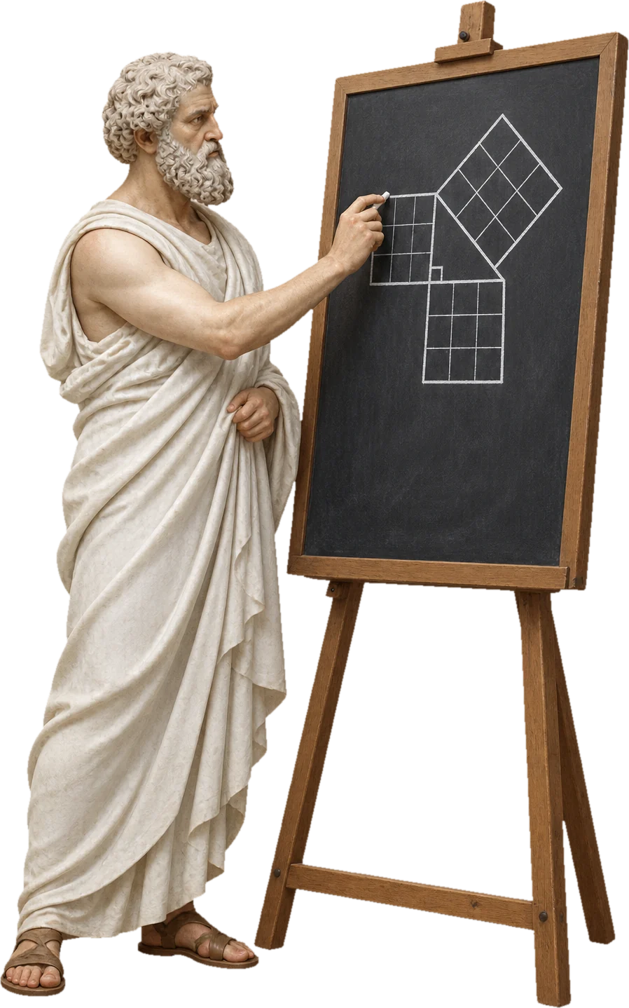 The marble statue of Pythagoras, awake, drawing the right triangle with a square on each side on a chalkboard