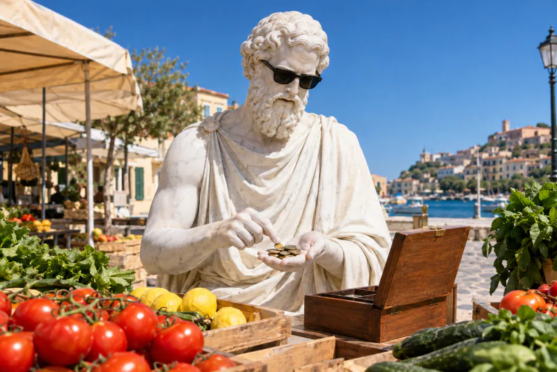 Pythagoras counting coins in his palm at a market stall
