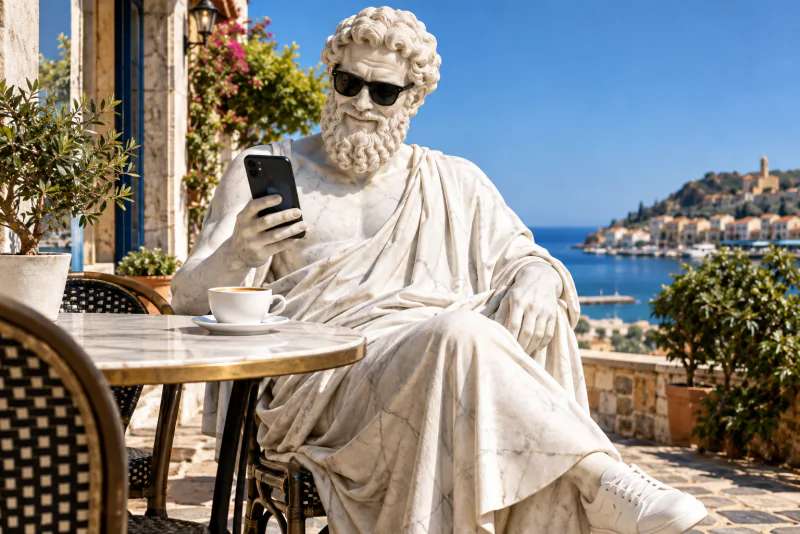 Pythagoras checking his result on his phone at a sunny café table