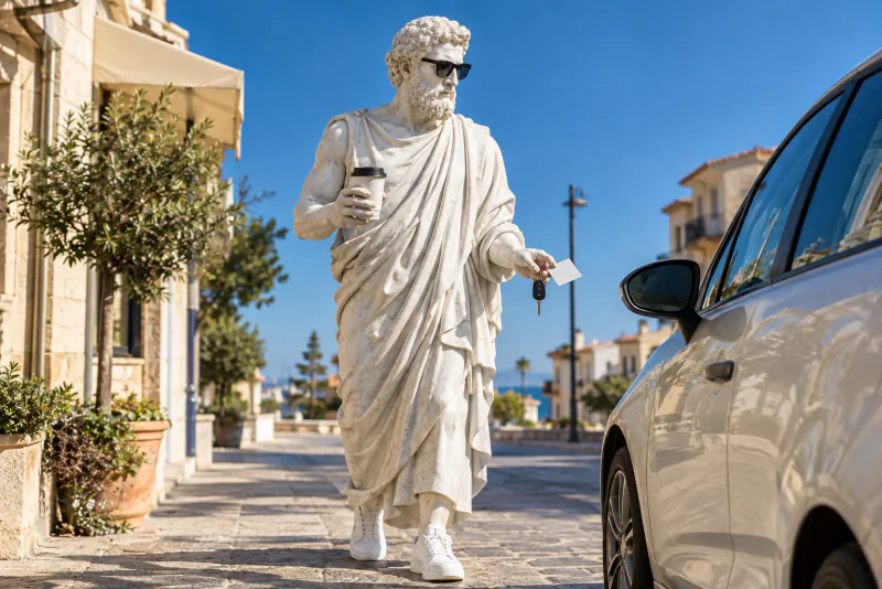 Pythagoras heading out early with car keys and an ID card