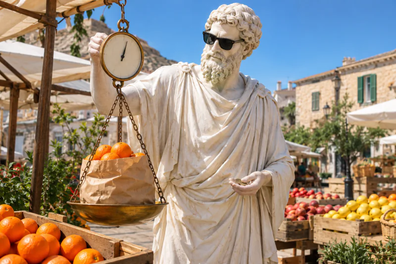 Pythagoras weighing a bag of oranges at a farmers market
