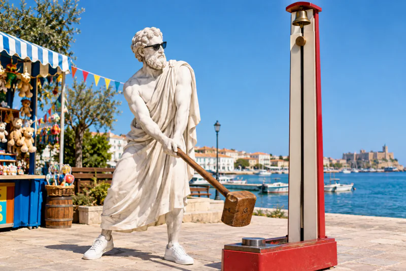 Pythagoras swinging the mallet at a fairground strength tester
