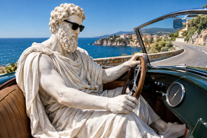 Pythagoras driving a small vintage car along a coastal road