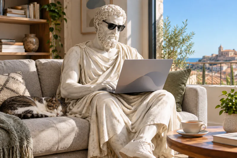 Pythagoras taking a test on his laptop at home on the sofa