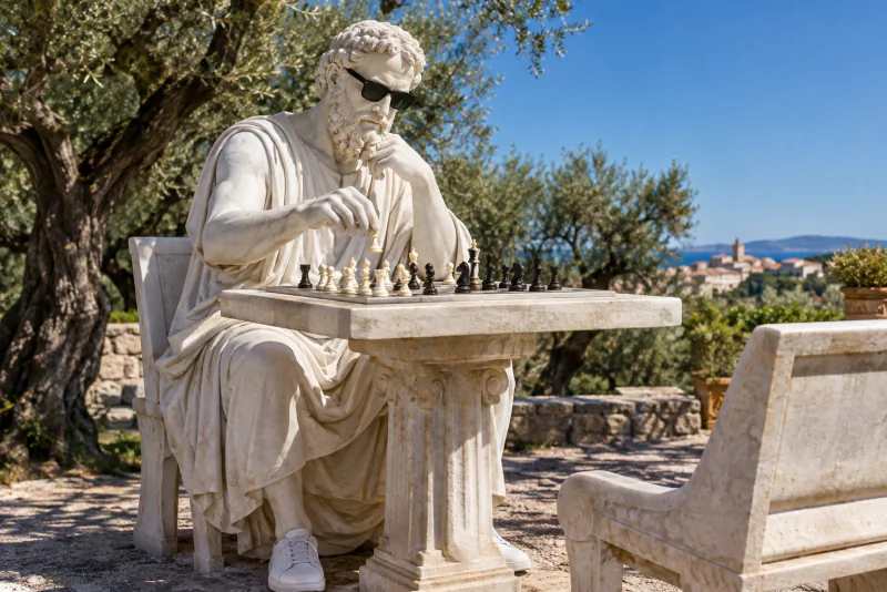 Pythagoras choosing his next chess move at an outdoor table