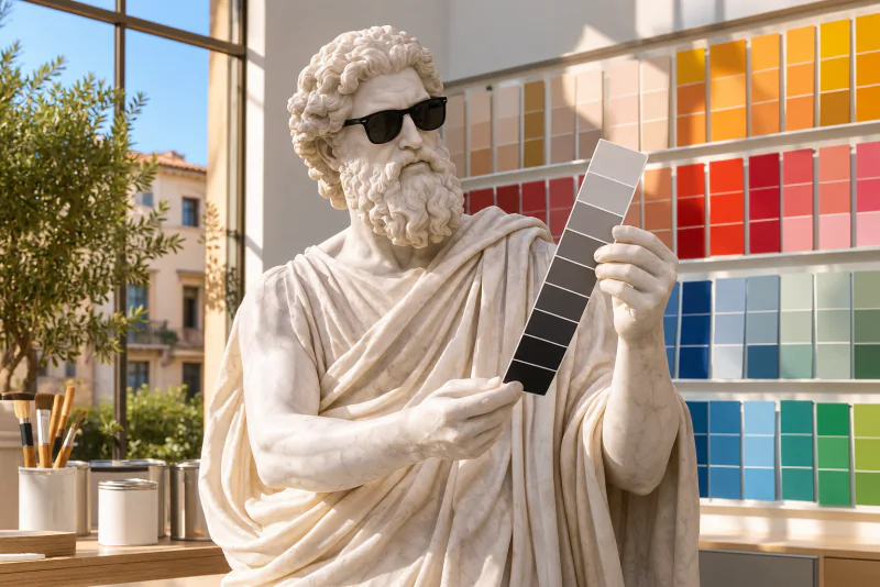 Pythagoras holding a strip of paint swatches from light to dark