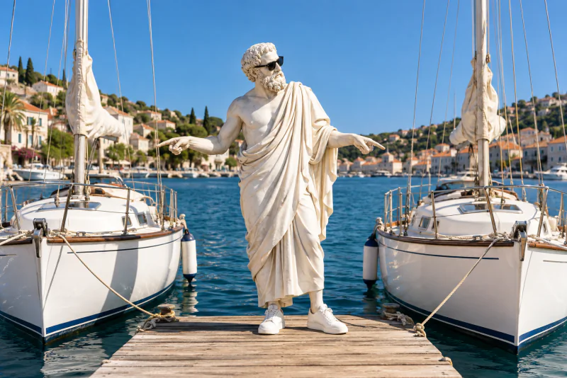 Pythagoras on a pier comparing two almost identical sailboats