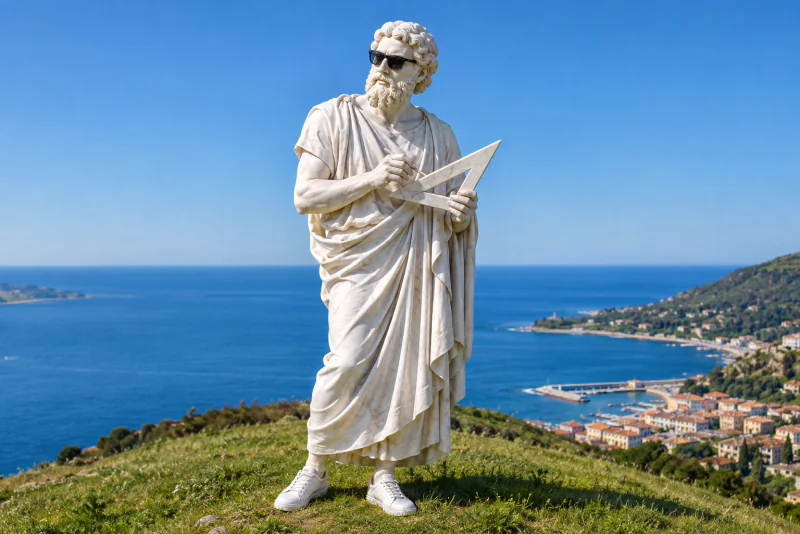Pythagoras standing on top of a smooth rounded green hill by the sea