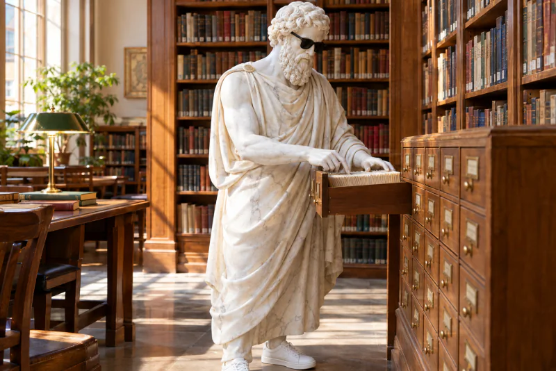 Pythagoras looking through a drawer of index cards in a library