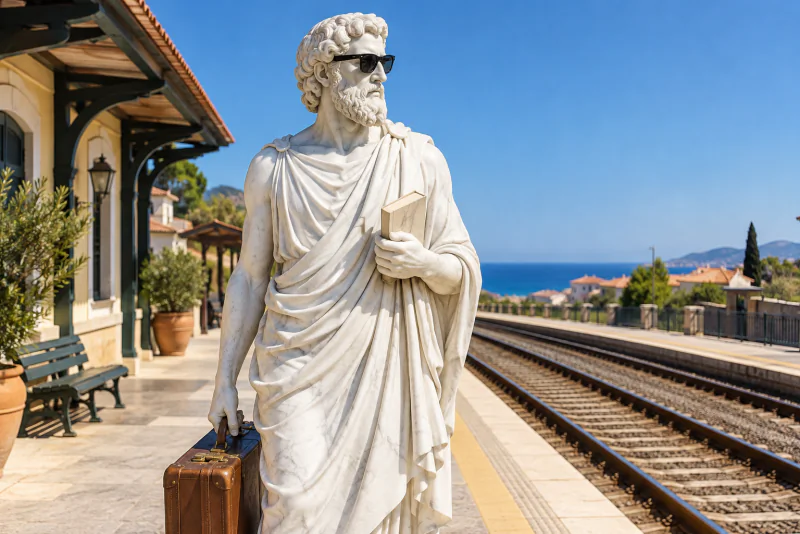 Pythagoras with a suitcase on a sunny train platform, ready to travel