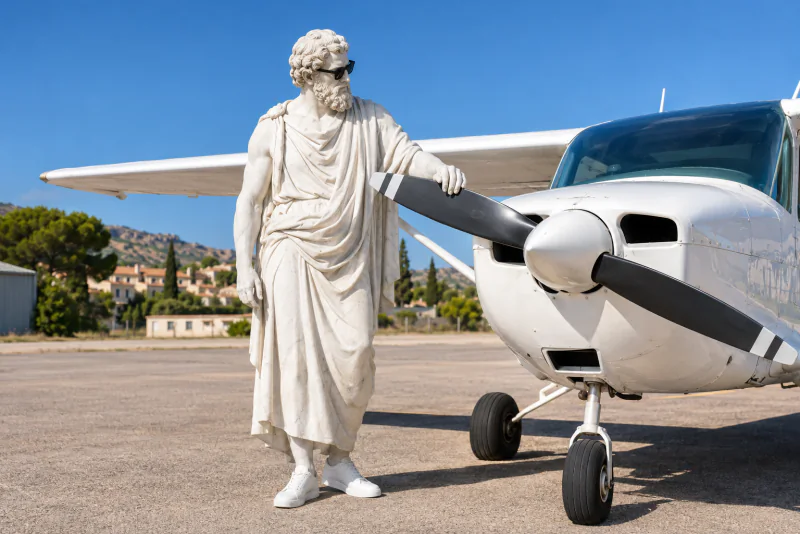 Pythagoras next to a small propeller plane at a sunny airfield