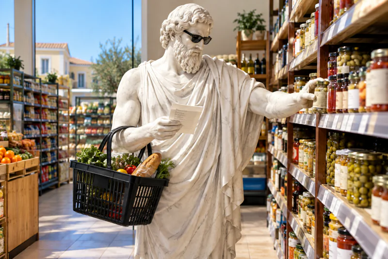Pythagoras reading a shopping list in a grocery store aisle