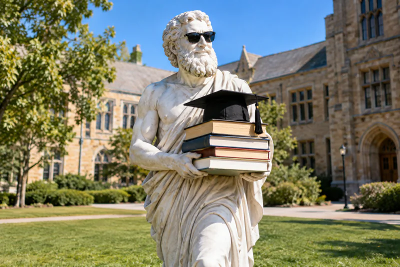 Pythagoras carrying textbooks across a sunny university campus