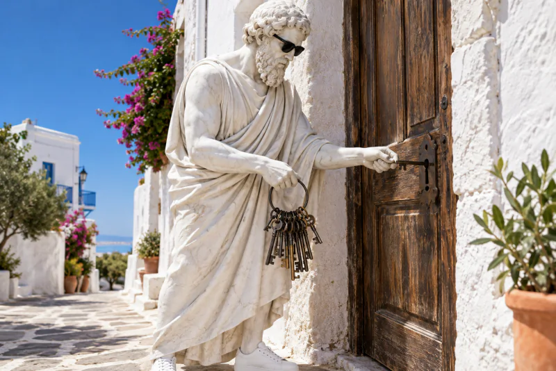 Pythagoras trying keys from a big ring on an old wooden door