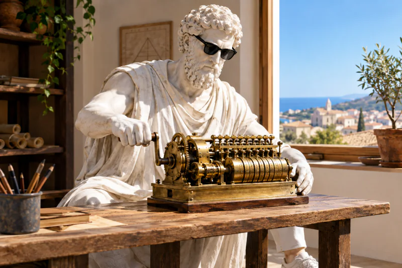 Pythagoras turning the crank of an old mechanical adding machine