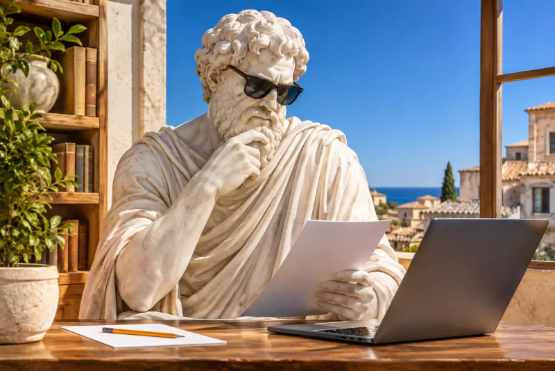 Pythagoras at a desk with a paper answer sheet on one side and a laptop on the other