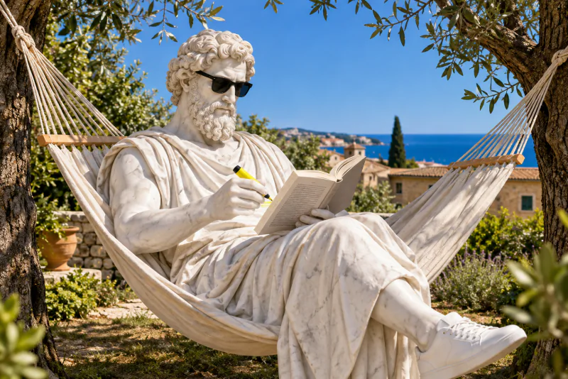 Pythagoras reading in a garden hammock with a highlighter