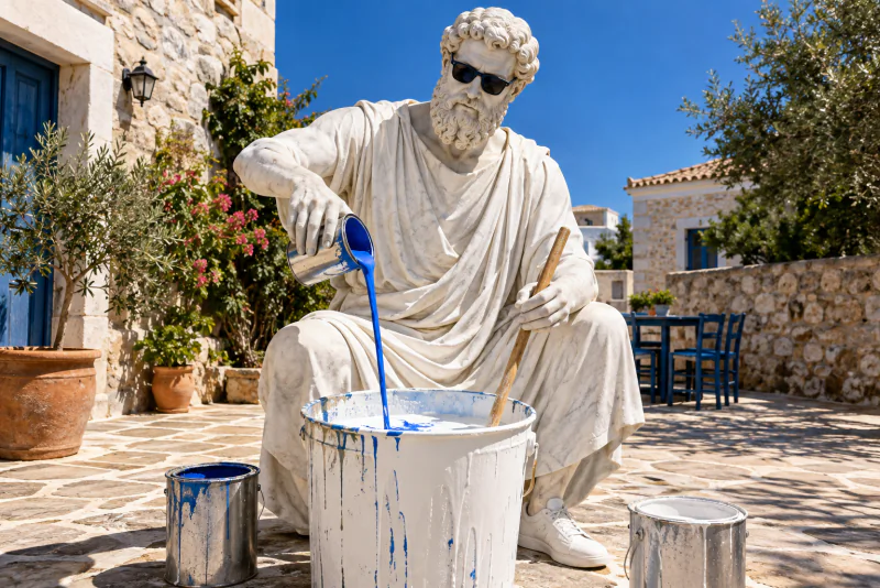 Pythagoras mixing blue paint into a bucket of white paint