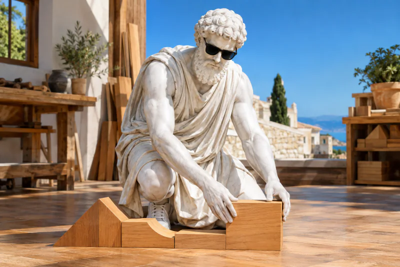 Pythagoras joining three big wooden blocks into one piece