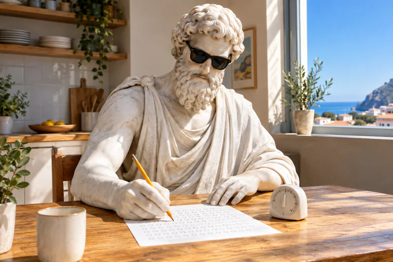 Pythagoras filling in an answer sheet with a pencil at his kitchen table