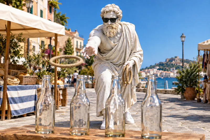 Pythagoras throwing a ring at a ring-toss stall