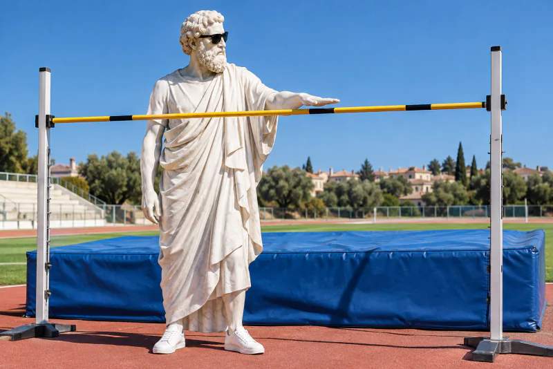 Pythagoras measuring the height of a high-jump bar on a sports field