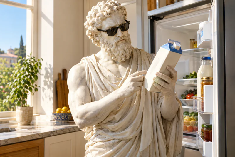 Pythagoras checking the date on a milk carton in his kitchen